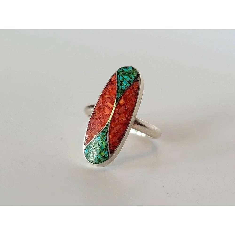 Vintage Turquoise‎ Coral Sterling Silver Inlay Ring Statement Jewelry 4.5